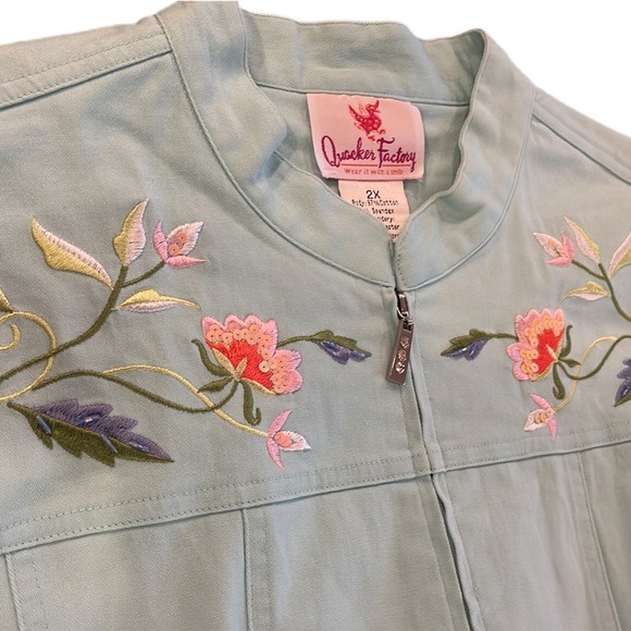 Women’s Blue Bomber Jacket with Floral Embroidery - Picture 1 of 3